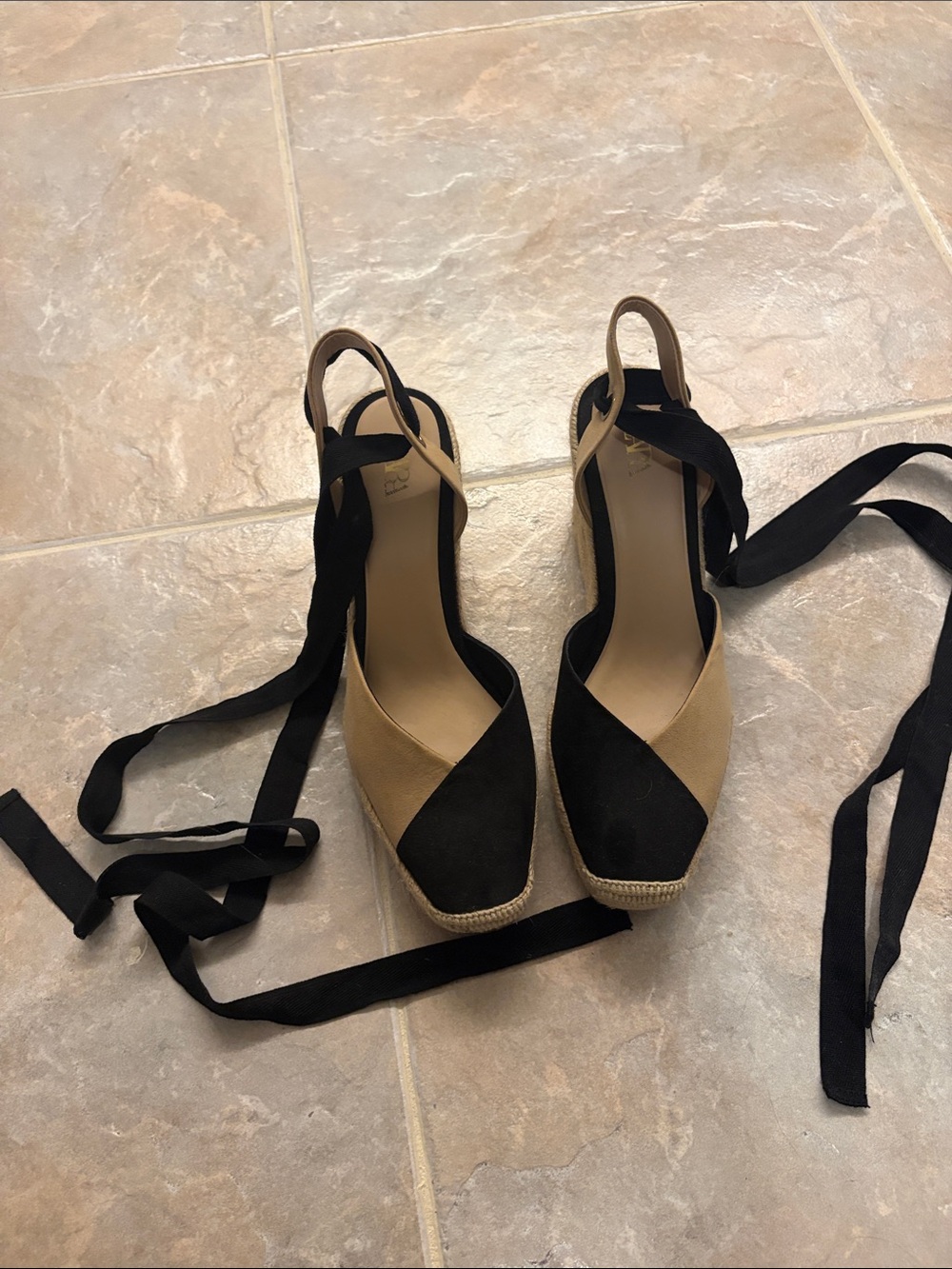 Zara Black and Tan Cross‑Front Espadrille Wedge Sandals